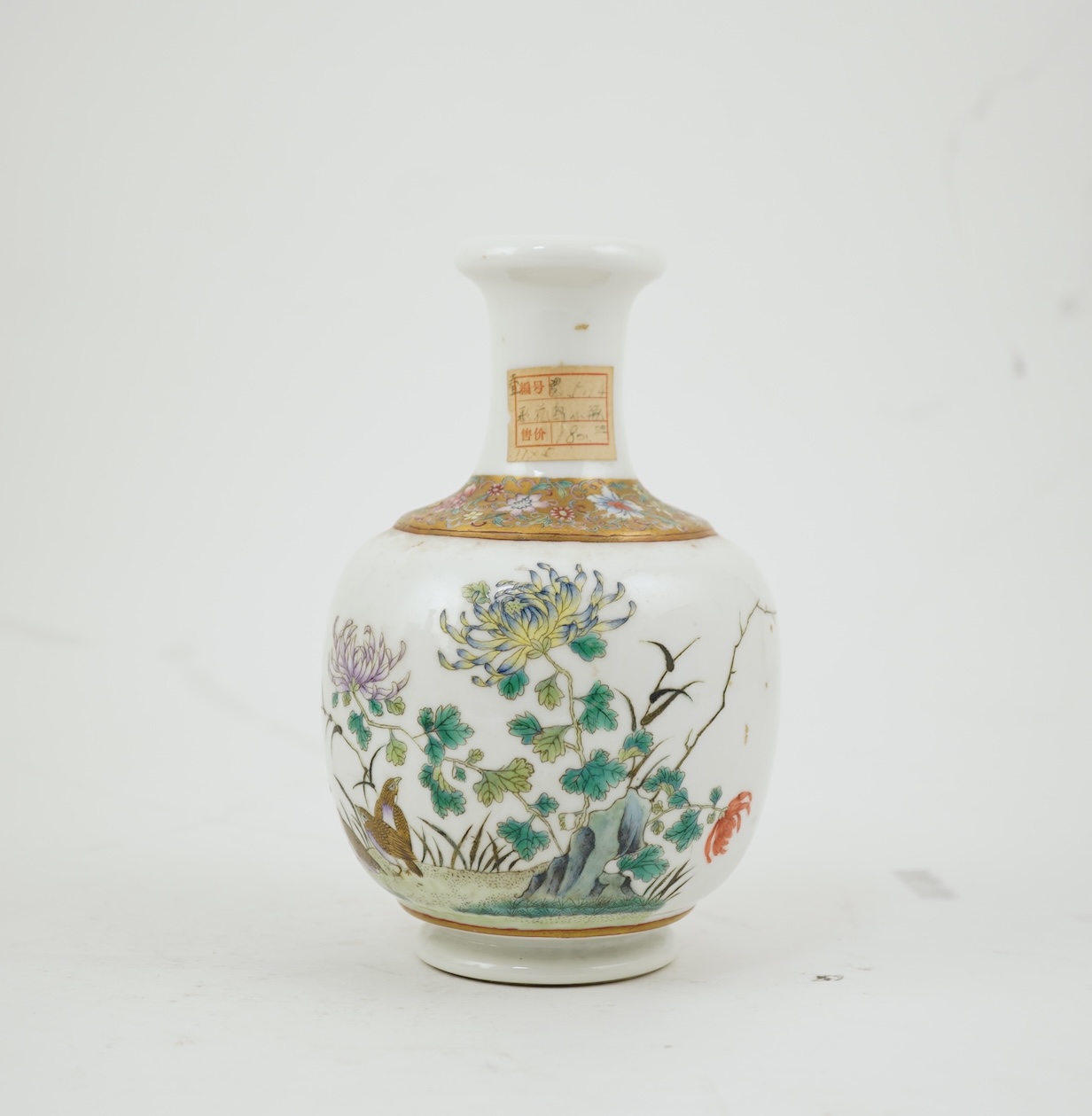A Chinese inscribed famille rose ‘quail and chrysanthemum’ bottle vase, Hongxian four character mark but Republic period